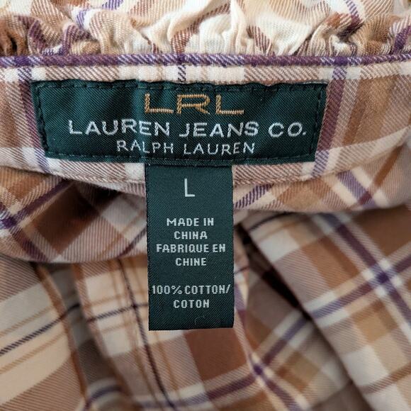 Vintage Lauren Ralph Lauren Button Top L Brown Plaid Ruffle Heritage Equestrian - Picture 9 of 10